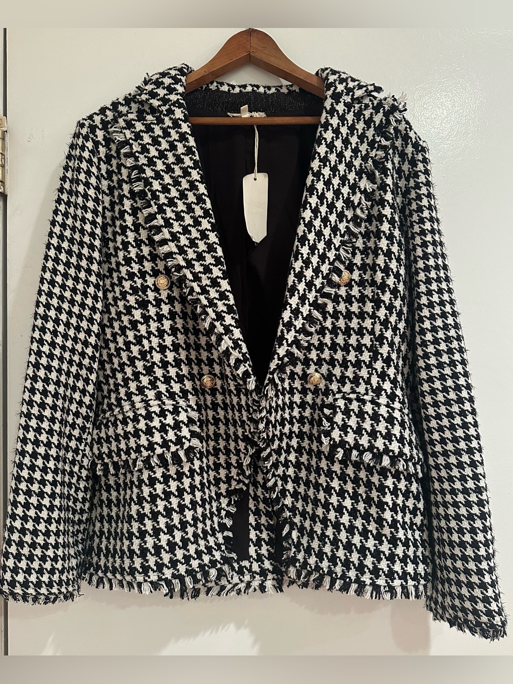 Mystree Women’s Black & White Houndstooth Fringed Tweed Blazer Size M